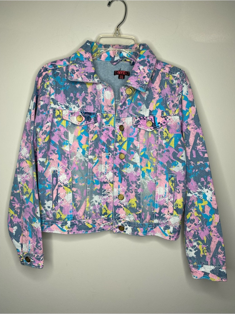 NYC Multicolor Paint-Splatter Denim Jacket in Pink and Blue
